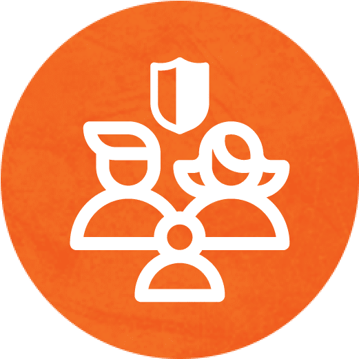 Orange icon showing three people and a shield