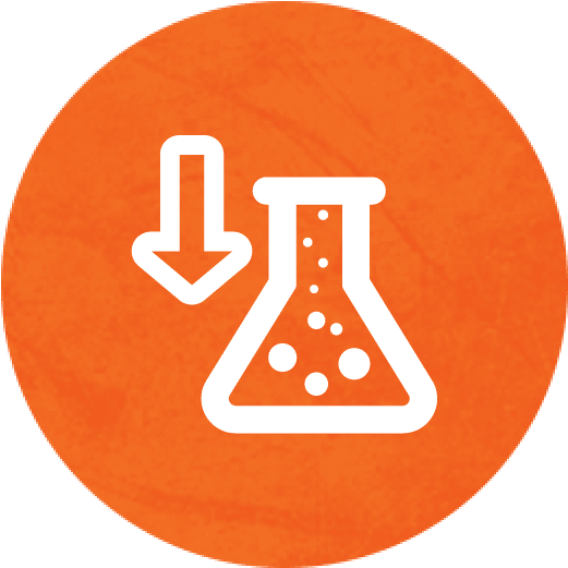 Orange icon with down arrow and chemical flask